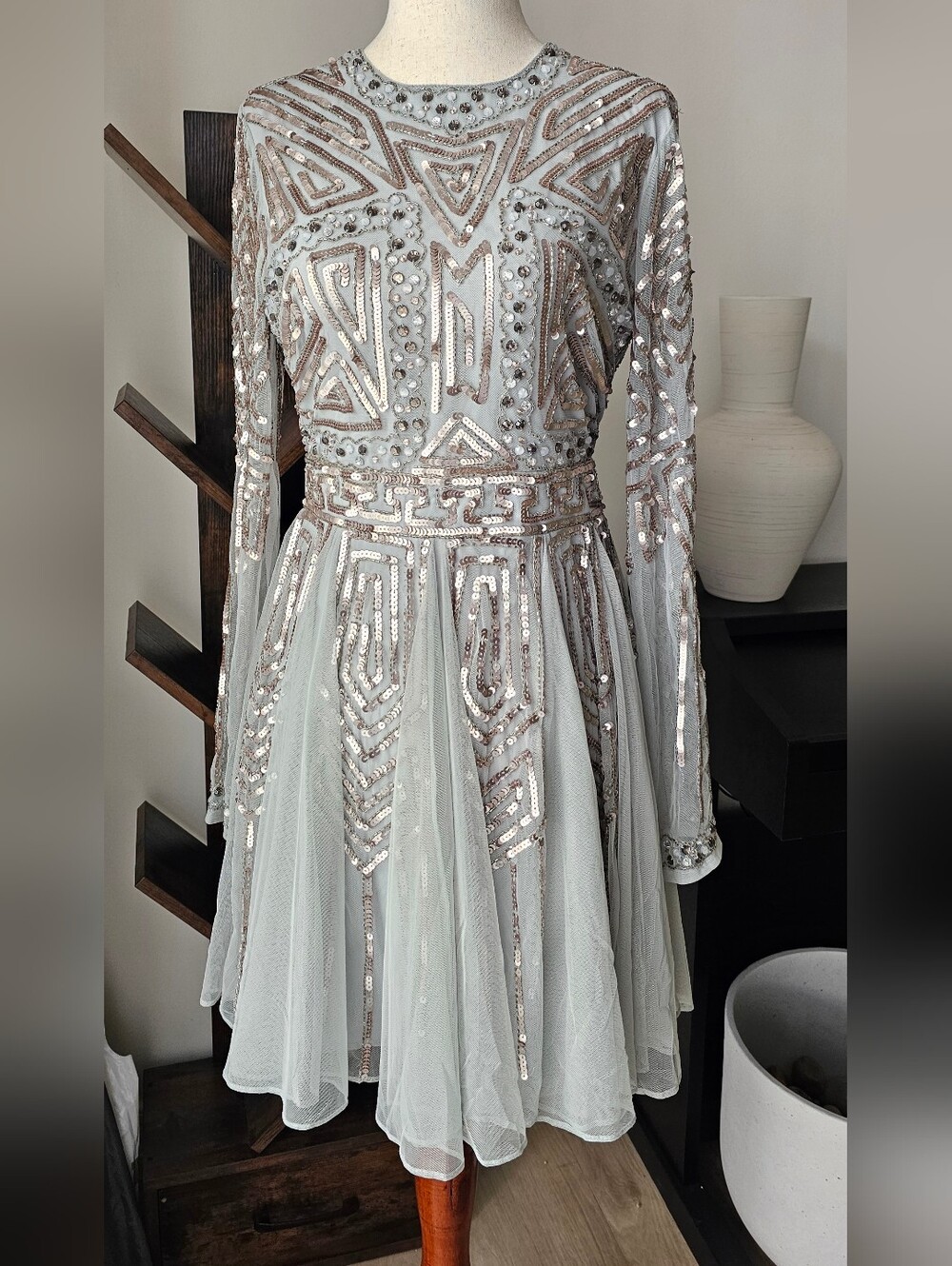 ASOS Long Sleeve Sequin Embellished Gown in Light Gray and Silver